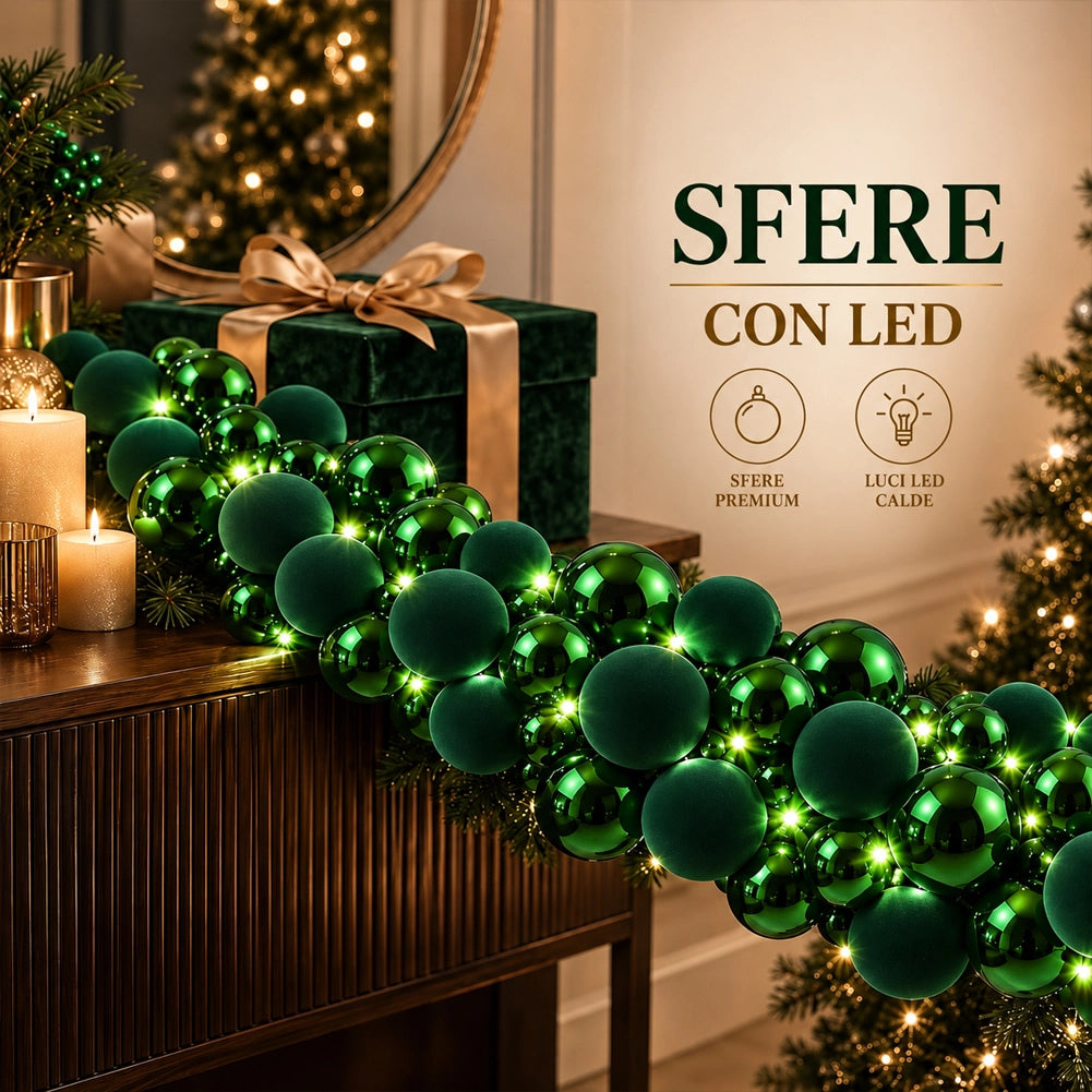Ghirlanda Natalizia Festone 180cm 142 Sfere e Led Addobbo Lucido e Velluto Verde