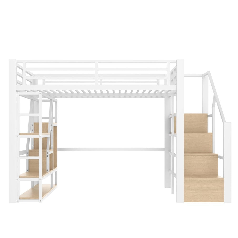 Letto a Soppalco con LED ¨C MINIMAL ¨C Struttura in Ferro, Gradini, 140x200 cm, Bianco