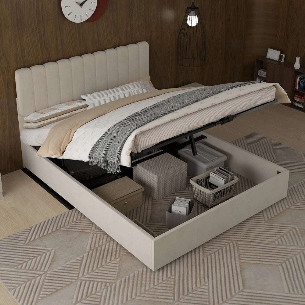 Letto Contenitore Imbottito 140x200 ¨C Xylo ¨C Beige, Testiera, Meccanismo Idraulico