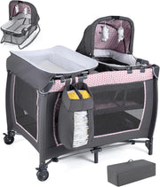 Culla Campeggio Bambini 5 in 1, Lettino Viaggio Neonati Pieghevole con Materasso, Fasciatoio e Tettoia, Box Portatile con Ruote, 2 Giocattoli Appesi e Carillon, per Bambini 0-3 Anni (Rosa)