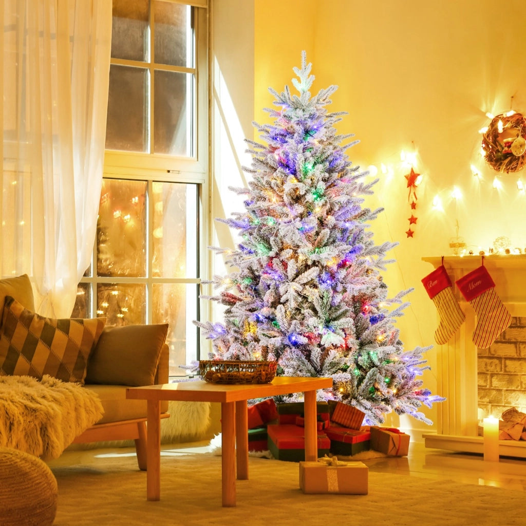 Albero di Natale artificiale rivestito di neve di 186cm, Albero decorativo con cerniera e 8 modalit¨¤ luminose