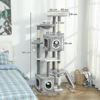 Albero Tiragraffi per Gatti con 2 Casette, Rampa, Trespoli e 4 Palline, 48x40x165 cm, Grigio e Bianco