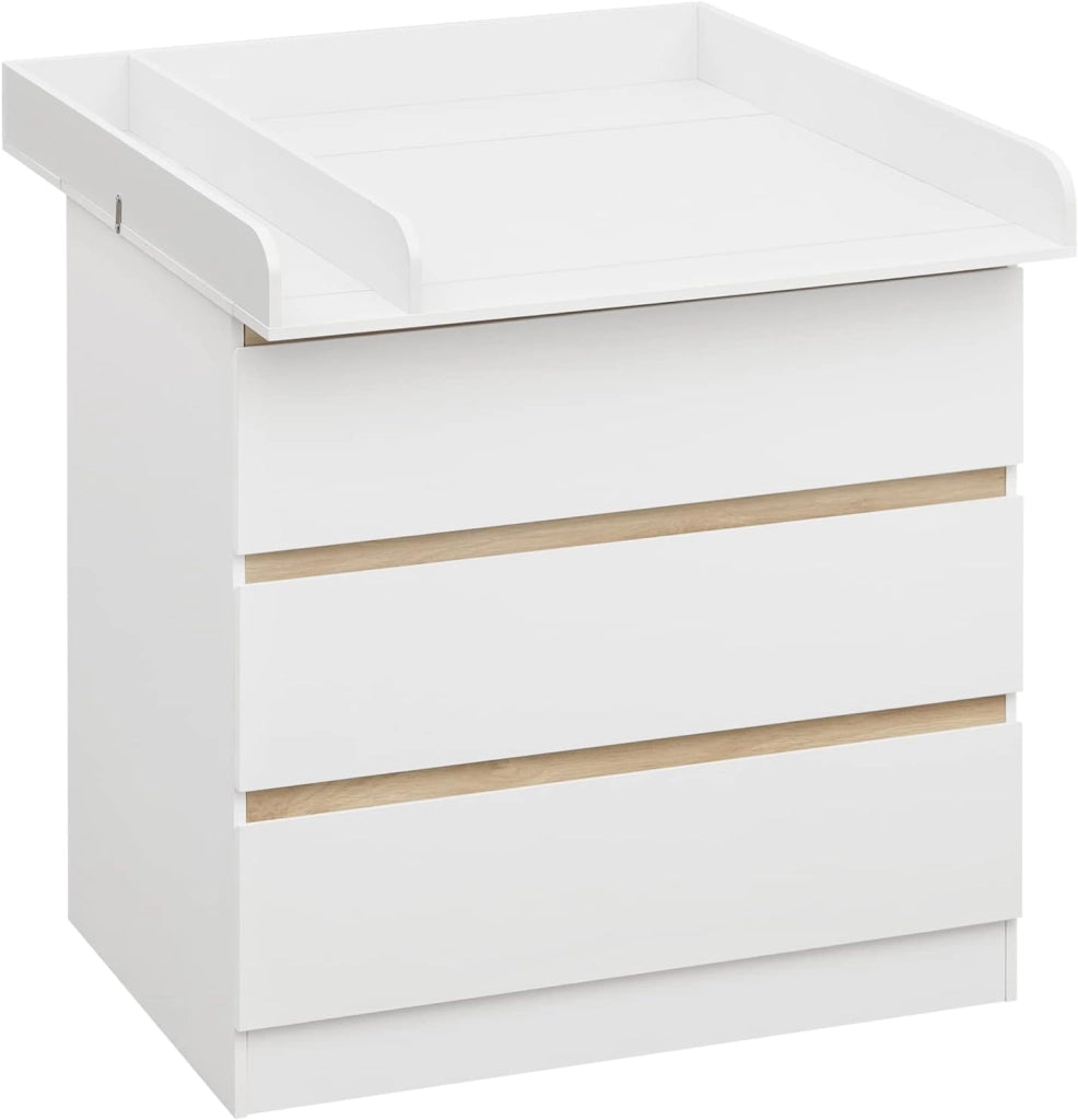 Cassettiera con Fasciatoio per Bambini, Cassettiera a 3 Cassetti, Fasciatoio con Divisorio Rimovibile, in MDF, Truciolare e Metallo, Bianco+Rovere