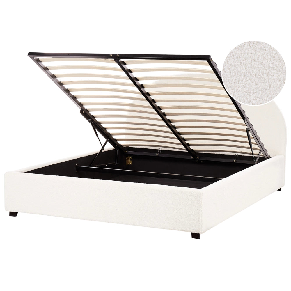 Letto contenitore matrimoniale imbottito tessuto bianco sporco retrò minimalista 160 x 200