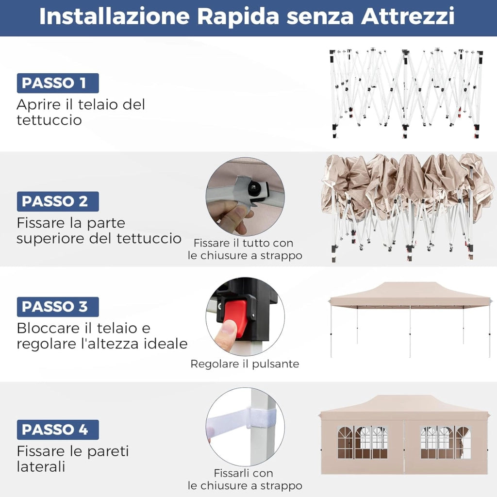 Gazebo da Giardino 3 x 6 m, Tendone per Feste con 6 Pannelli Laterali Rimovibili, con Borsa da Trasporto, Design Pop-up, per Matrimonio Eventi e Barbecue (Beige)