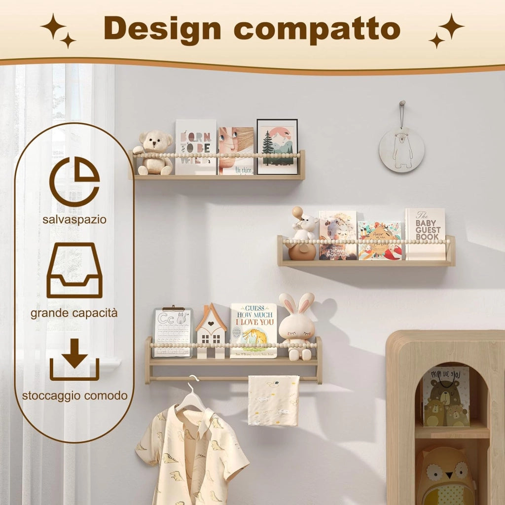 Librerie per Bambini da Parete in Legno Massello, 60 cm Set di 3 Porta Libri per Cameretta, Scaffale Libri per Bambini, Librerie da Parete Piccole con Perline