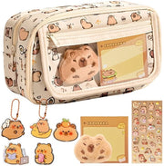 Etui a più strati, grande capacità, con accessorio per chiave a forma di capybara, con badge e adesivi, etui 2-in-1 con chiusura a raccordo, rimovibile