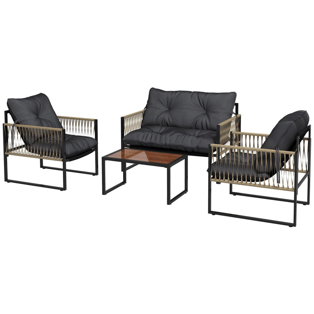 Set da Giardino 4 Pezzi in Rattan con Divanetto, 2 Sedie e Tavolino da Caff¨¨, Grigio e Marrone
