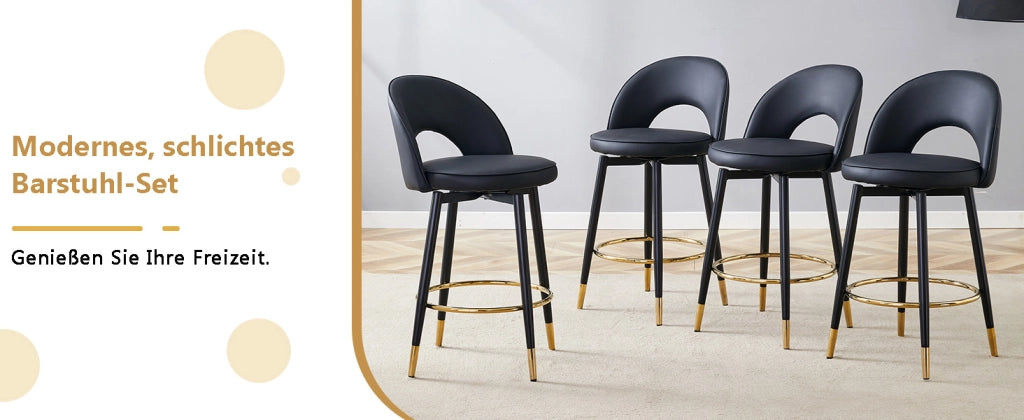 Sgabello da bar girevole 360° con schienale traforato e seduta in PU, struttura in metallo, moderno nero e oro