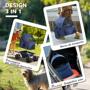 Passeggino per Cani 3 in 1 Pieghevole con Cestino Inferiore Blu