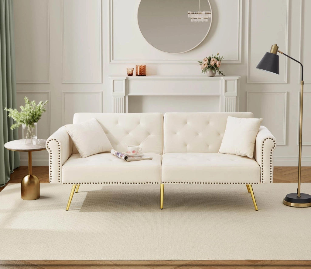 Divano letto 2 posti in velluto beige con schienale regolabile; 173x75x70 cm