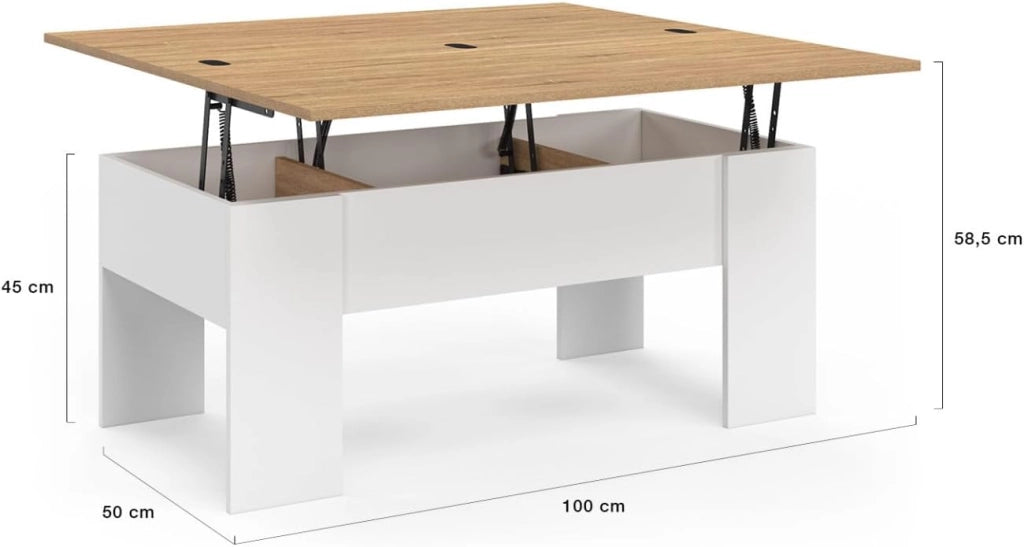 Tavolino rettangolare con piano sollevabile, trasformabile in tavolo da pranzo TARA, in legno bianco e faggio finto