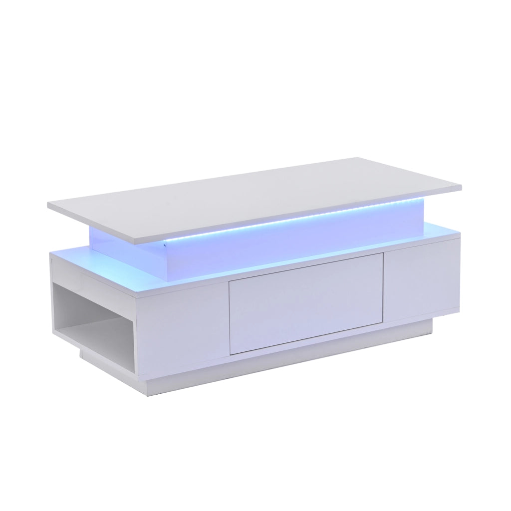 Tavolino Da Salotto Reclinabile con 1 Cassetto e Vano Nascosto; LED USB; Bianco Lucido; Stile Moderno; 96×45×40 cm; Bianco