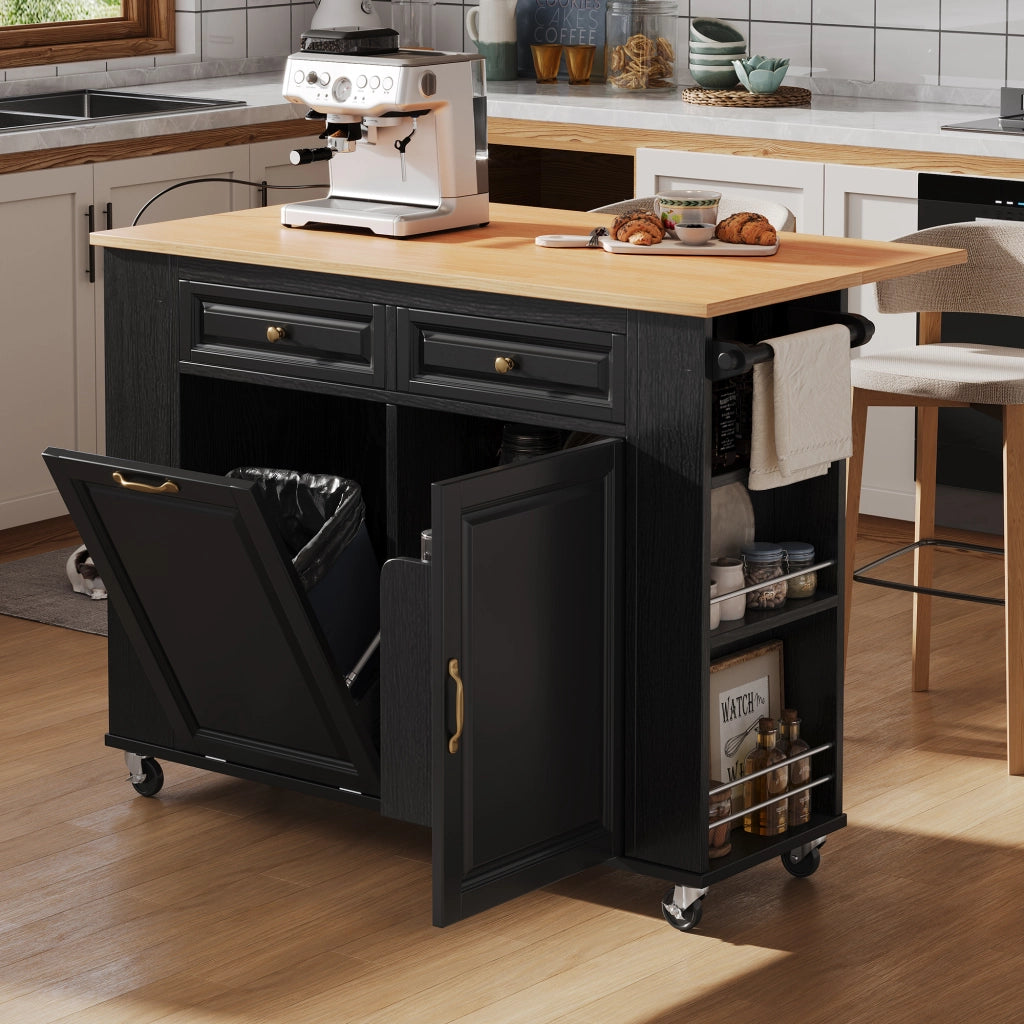 Isola da cucina con piano pieghevole prese integrate vano rifiuti e 5 ruote nero naturale 120 × 40-70 × 92 cm