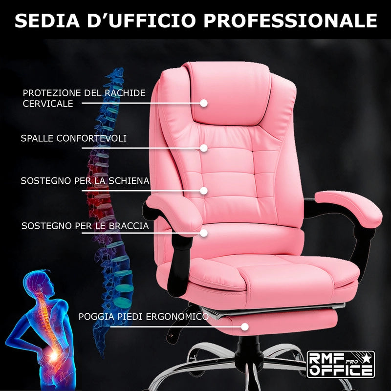SEDIA DA UFFICIO ERGONOMICA RECLINABILE REGOLABILE IN ALTEZZA CON POGGIA PIEDI ROSA