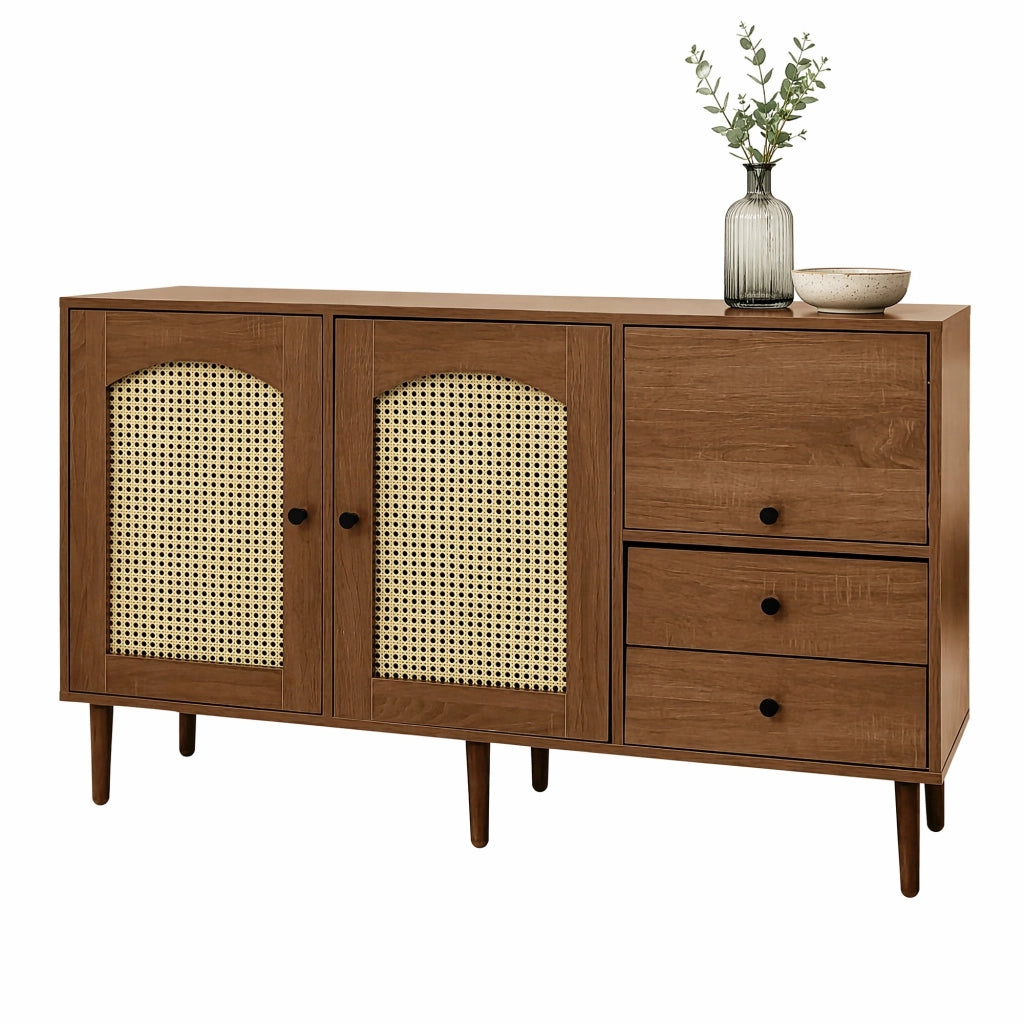 Credenza country con ante in rattan, 130x40x75,5 cm