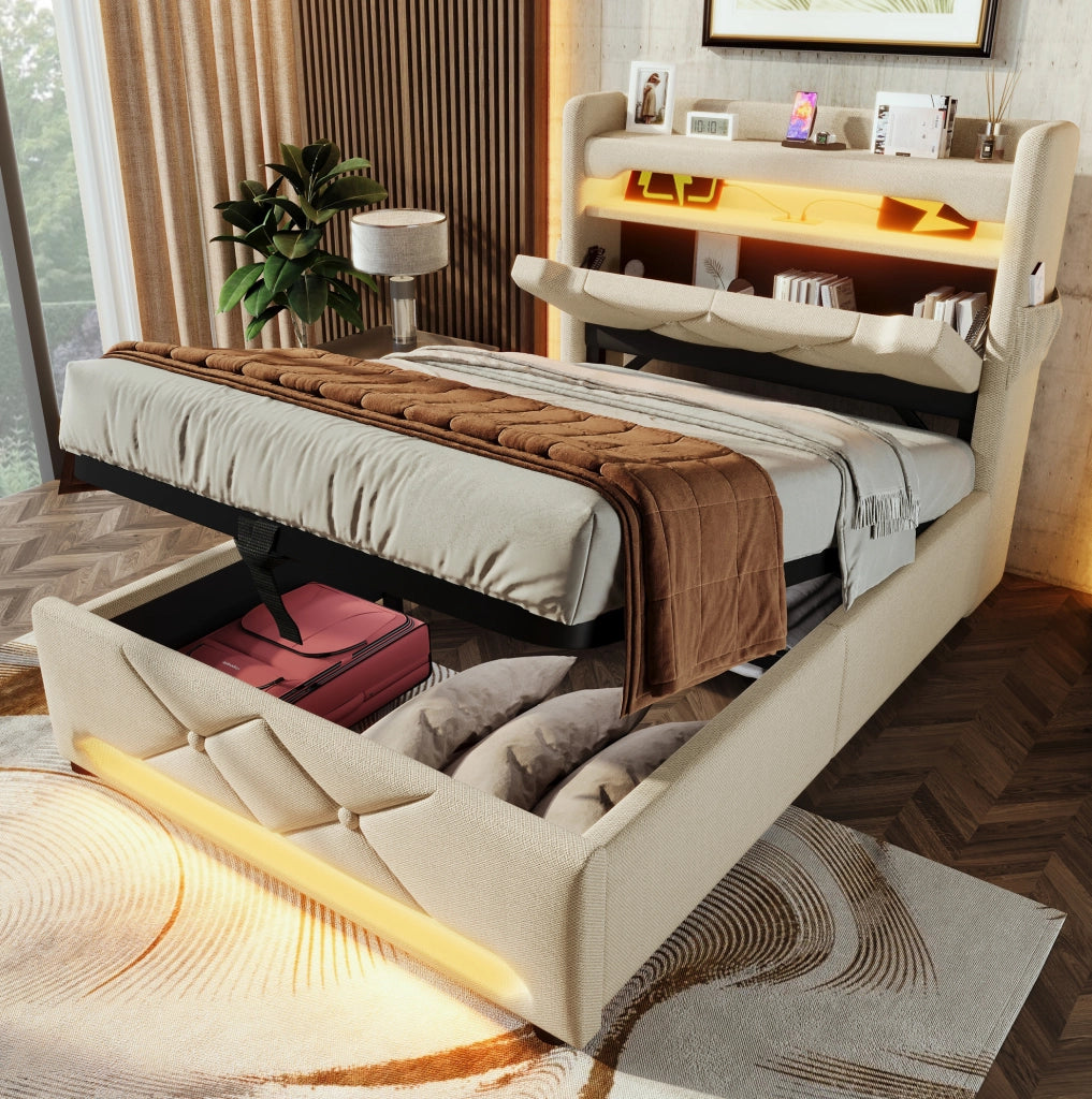 Letto singolo 90x200 beige con LED, USB-C e materasso