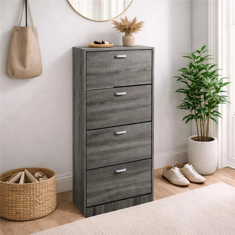 SCARPIERA 4 ANTE IN LEGNO TRUCIOLARE MELAMINICO, OGNI ANTA 2 DIVISORI IN LEGNO ROVERE GRIGIO 63 X 24 X 150 CM
