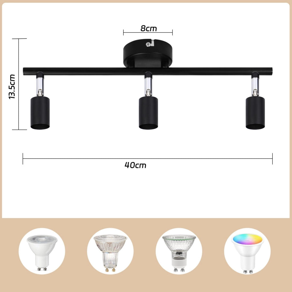 ZMH Faretto da soffitto neri 3 luci GU10 metallo rotanti 330° stile moderno per soggiorno corridoio senza lampadina