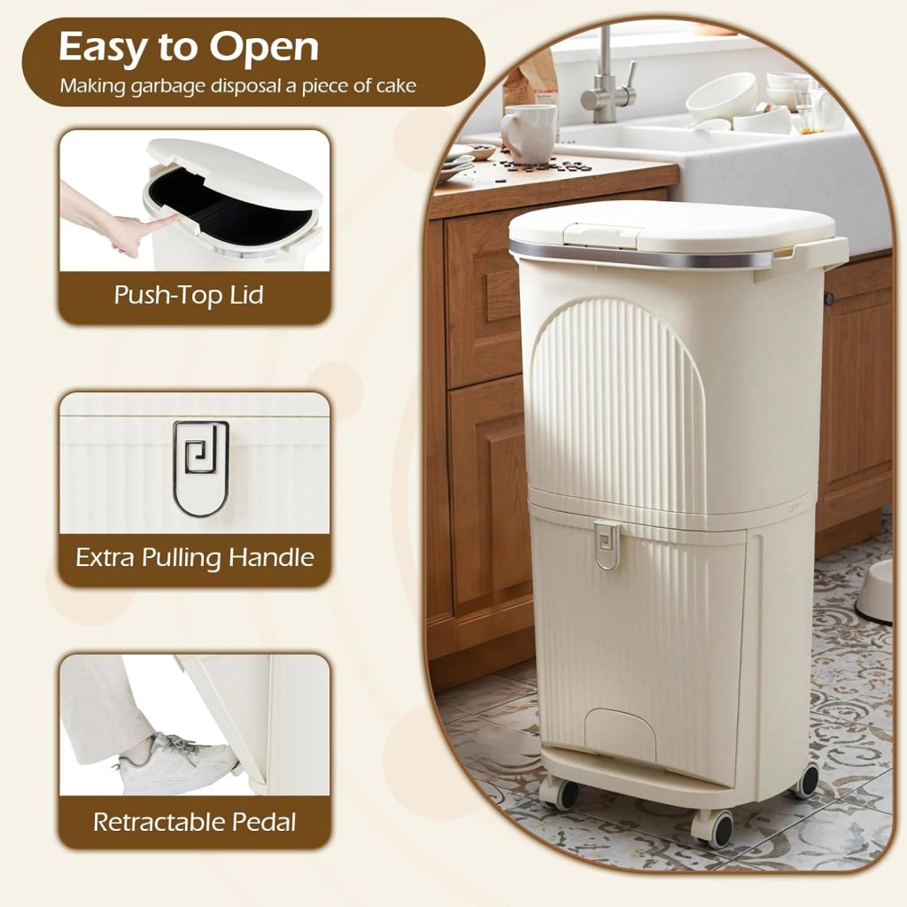 Pattumiera da cucina a 3 scomparti, 38 l, pattumiera con ruote, pattumiera a pedale con coperchio, pedale e manico, a doppio piano, in plastica, sistema di raccolta differenziata della