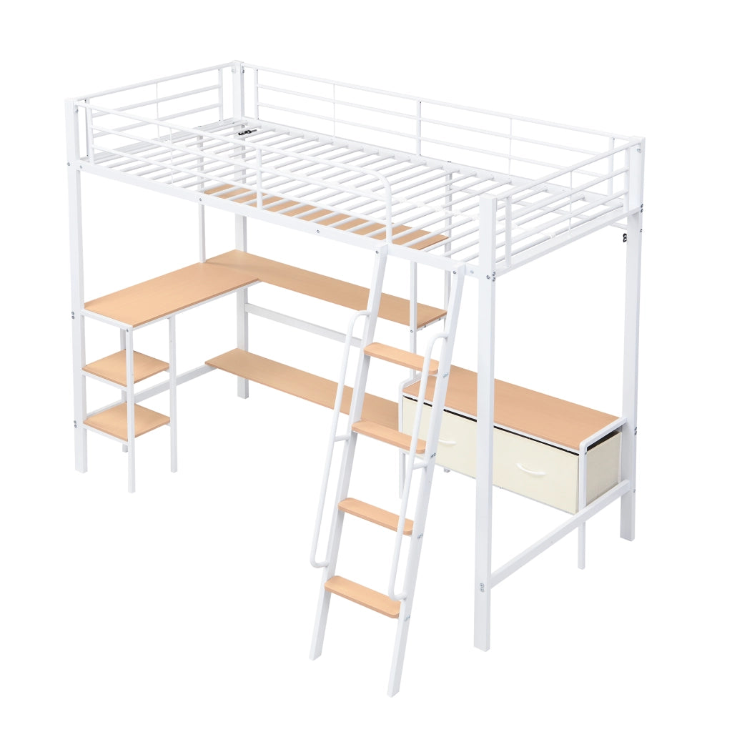 Letto a Soppalco 90x200 cm - Scrivania; Scaffale e 2 Contenitori - Bianco Naturale