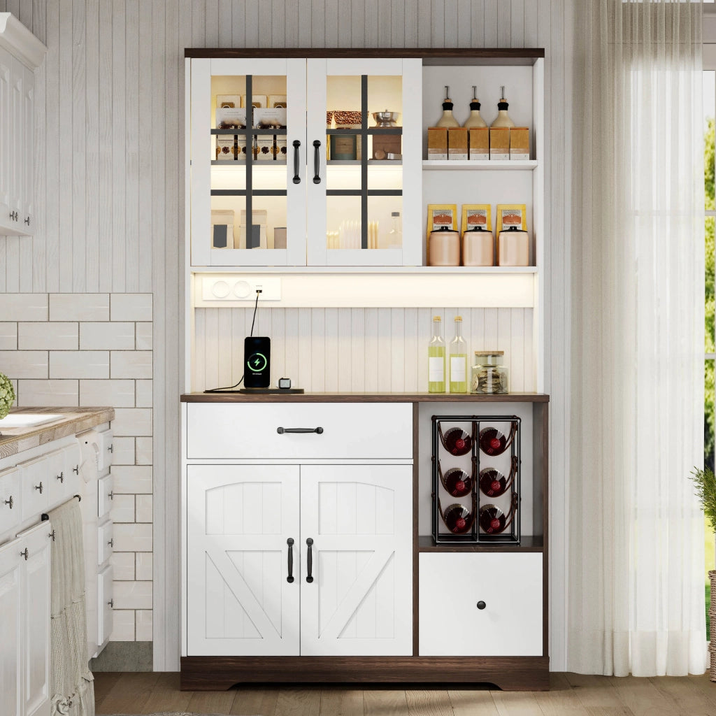 Credenza da cucina vintage con LED RGB, prese USB/AC, ripiani regolabili e cassetti, 105x40x185 cm