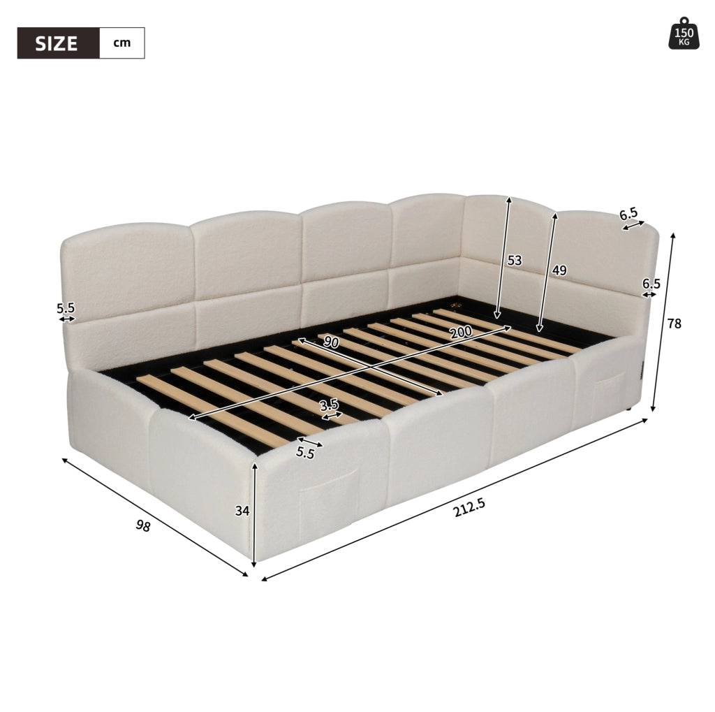 Letto contenitore 90x200 cm in bouclé beige con USB, rete e tasche laterali