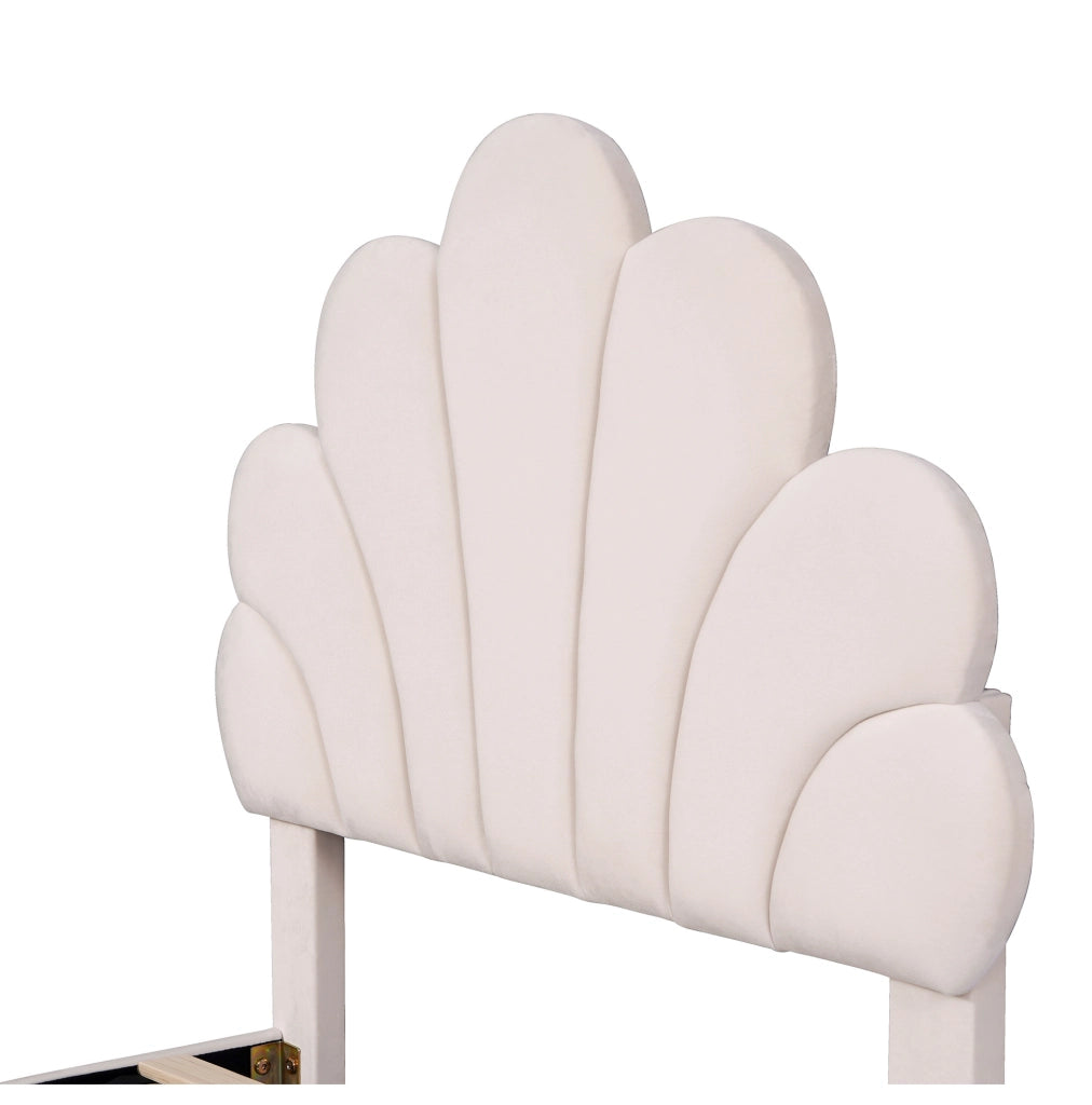 Letto imbottito 90x200 cm in velluto beige con testiera floreale e rete a doghe