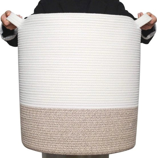 Decorativo grande contenitore di stoffa tessuta a maglia con maniglie per salotto e giocattoli.