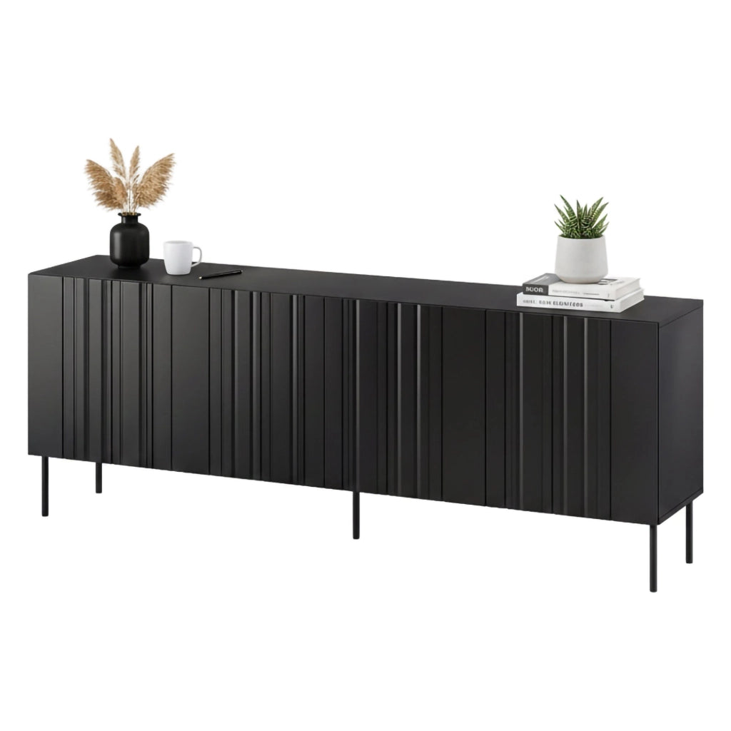 Credenza Gerace, Madia da salotto con quattro ante battenti e vani interni, Rialzata da terra, 201x42 h75 cm, Nero