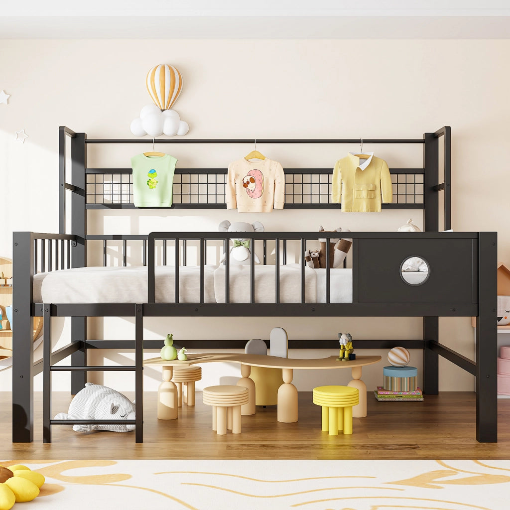 Letto a soppalco basso per bambini 90 × 200 cm con sbarre di sicurezza, ripiano e asta appendiabiti, senza materasso, nero