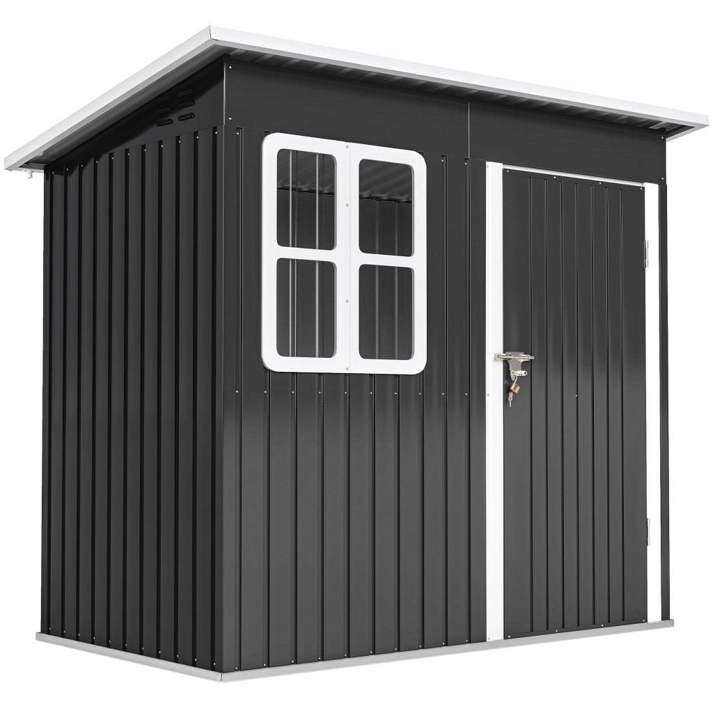 Casetta Box da Giardino 211x133x173/190 cm con Kit di Fondazione Porta Blocco Tetto Inclinato in Acciaio Zincato Grigio