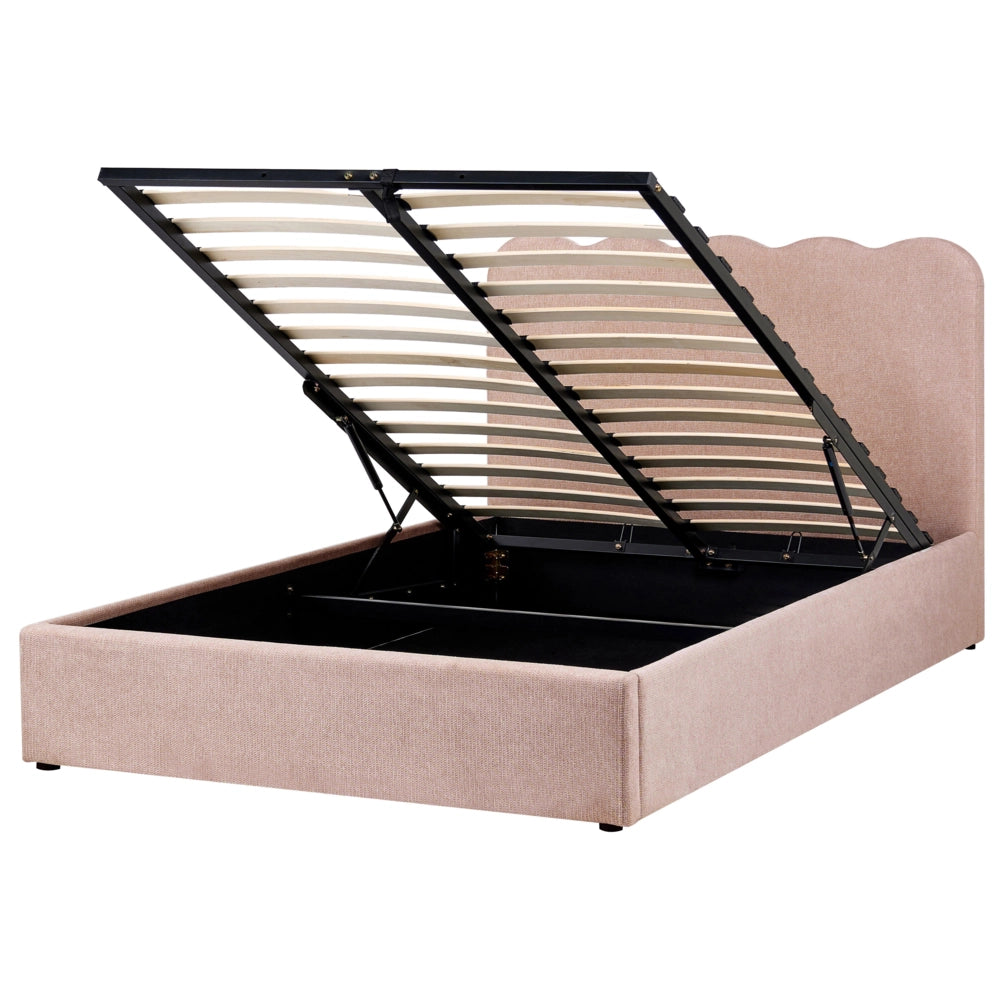 Letto in tessuto rosa pastello 140 x 200 cm contenitore elevabile con testiera e rete a doghe