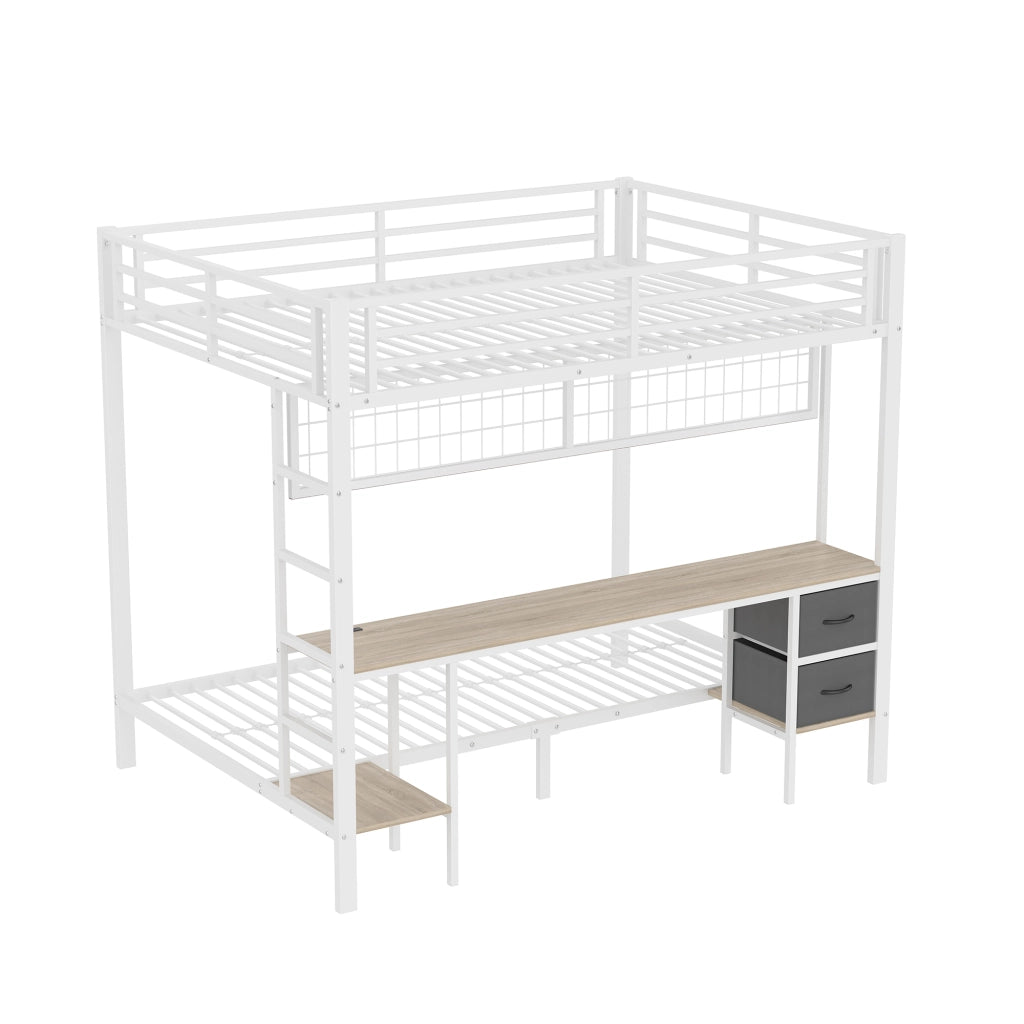 Hochbett in metallo con scrivania, cassetti, ripiani, griglia portasoggetti e LED USB, 140x200 cm, bianco