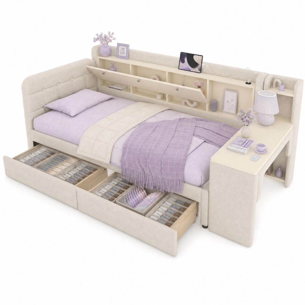 Daybed 90x200 cm con scrivania, 2 cassetti e vano contenitore