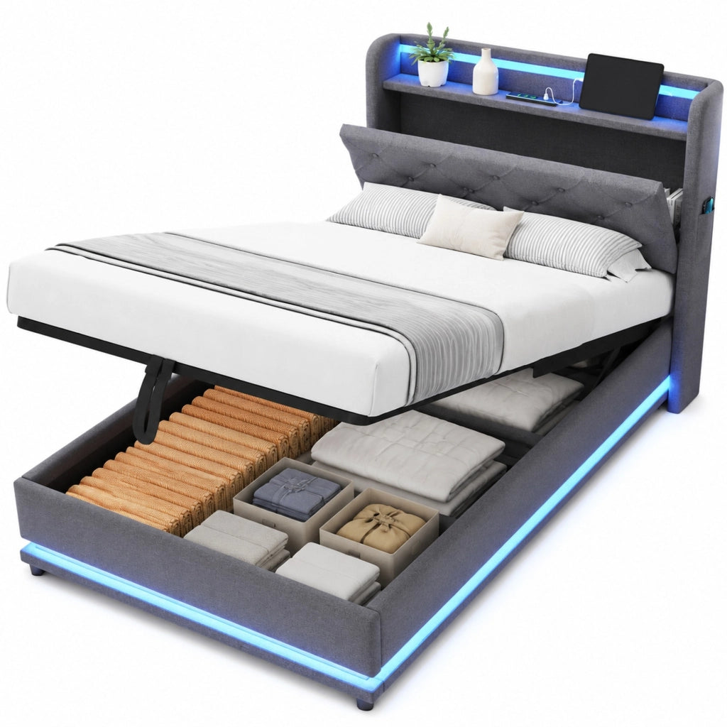 Letto imbottito 90x200 cm con LED, USB, contenitore idraulico e testiera apribile