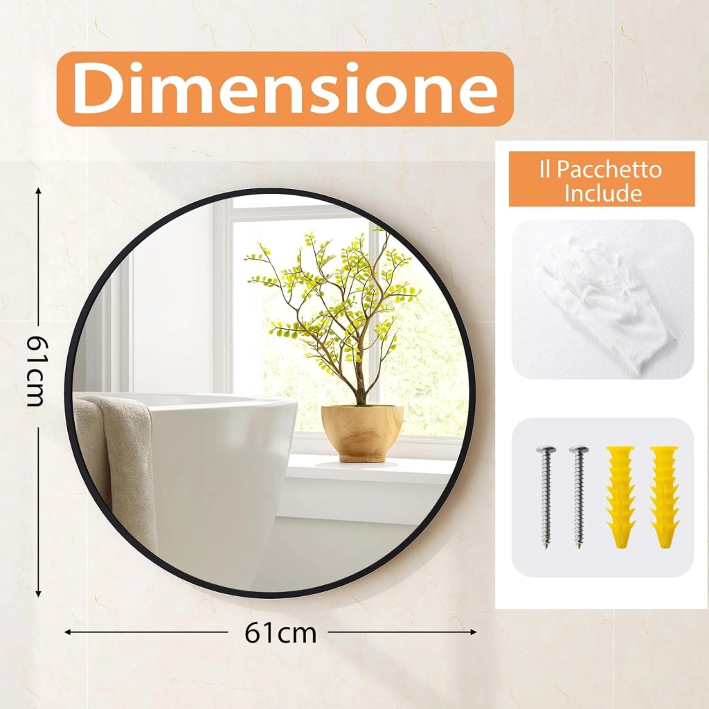 Specchio Rotondo 61 cm da Parete Con Cornice in Metallo Spazzolato Opaco Antiruggine, Moderno per Bagno Soggiorno Ingresso, IP44
