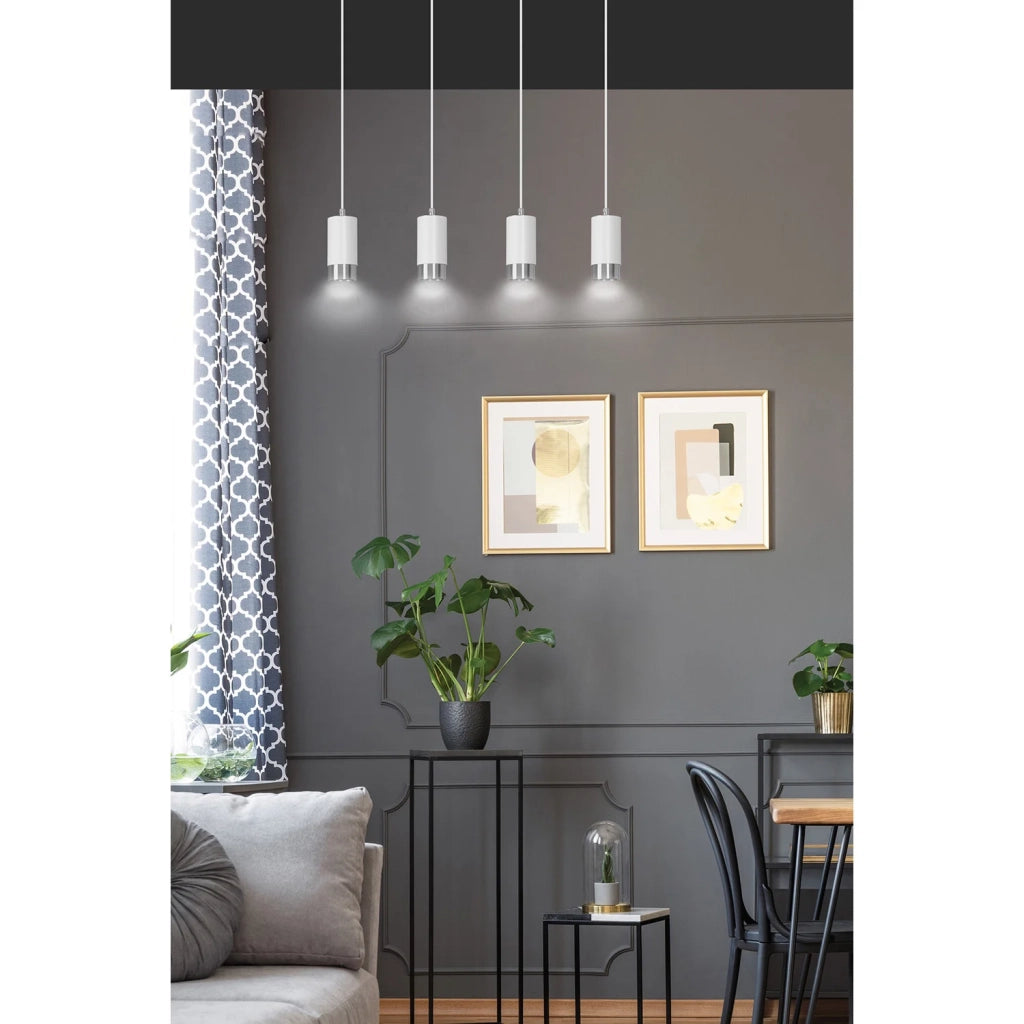 Lampadario 4 Luci Ivar Con Cilindri In Acciaio Bianco E Cromo