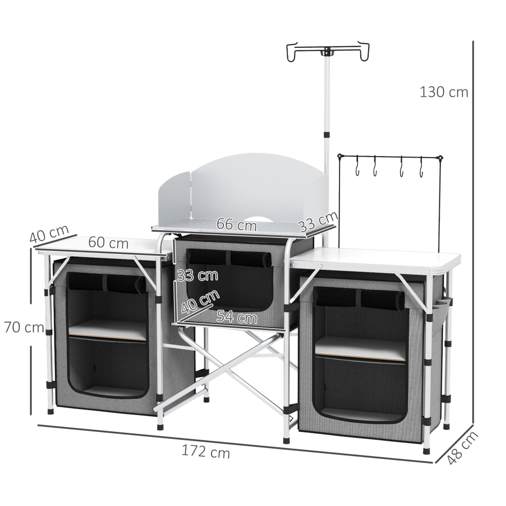 Cucina da Campeggio Pieghevole a 3 Piani con 5 Ripiani Interni e 4 Ganci, 172x48x130 cm, Grigio e Argento