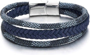 Cintura per polso in tre strisce di pelle e cotone blu marino intrecciato, con chiusura a magnete in acciaio inossidabile.