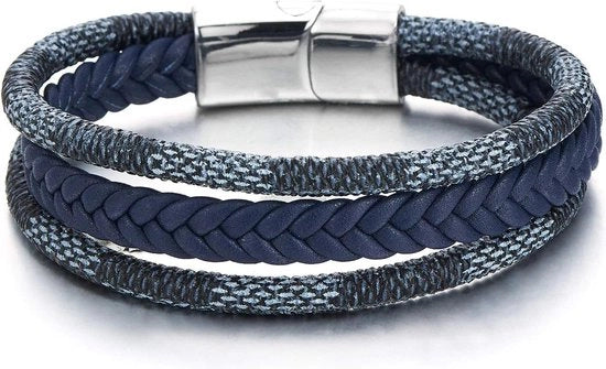Cintura per polso in tre strisce di pelle e cotone blu marino intrecciato, con chiusura a magnete in acciaio inossidabile.