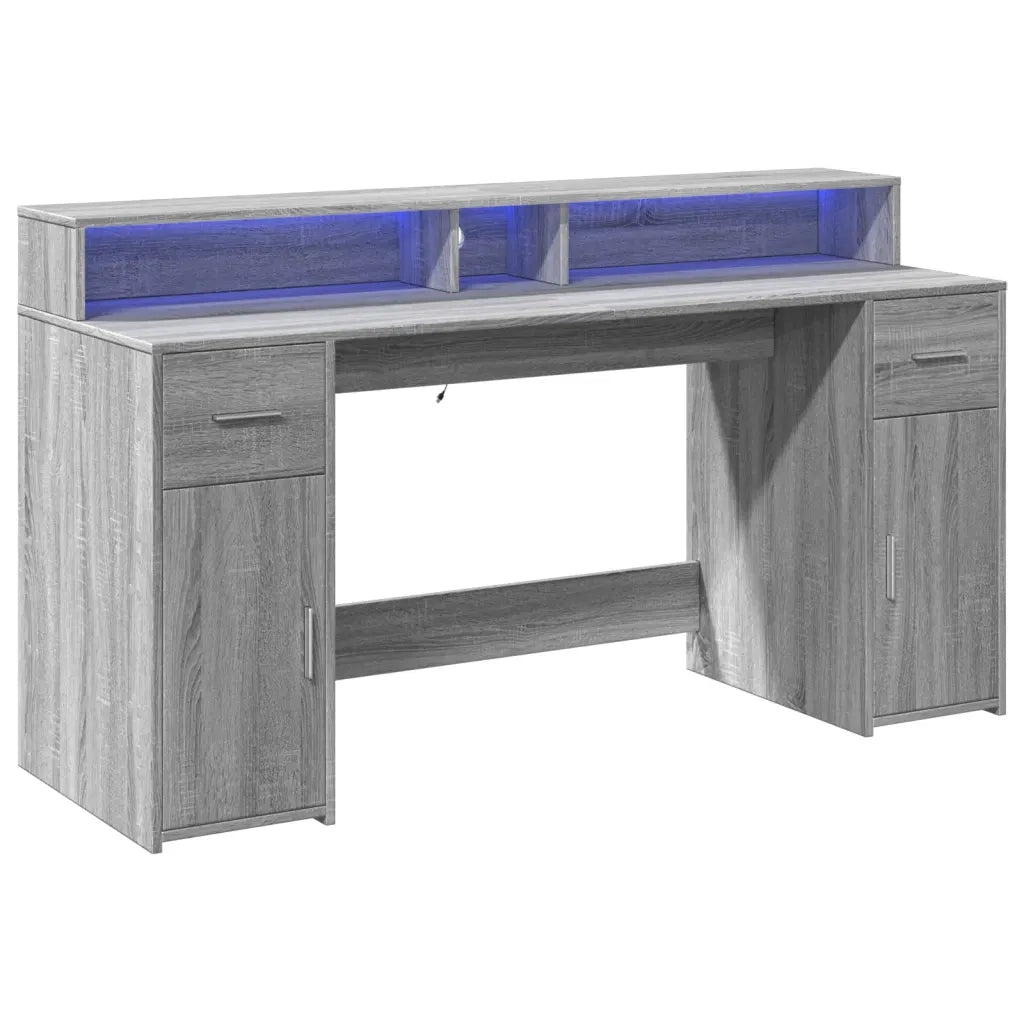 Scrivania con Luci LED Grigio Sonoma 160x55x91cm in Multistrato