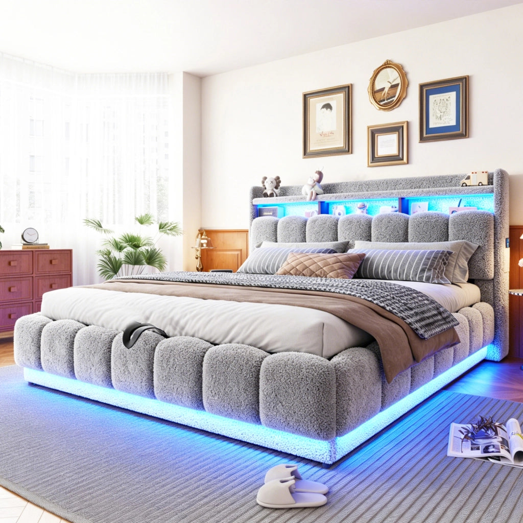 LETTO Contenitore idraulico 180x200 cm in tessuto boucl¨¦ grigio con LED e USB
