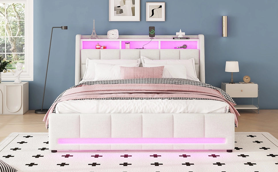 DESMIU Letto Matrimoniale con 2 Cassetti, USB, LED Regolabile e Vano 140 × 200 cm, Senza Materasso, Lino Beige