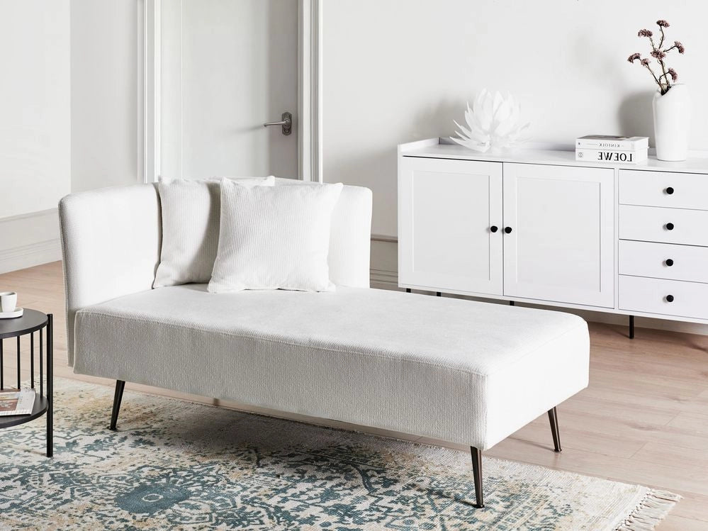 Chaise Lounge Bianco Sinistra in tessuto poliestere con cuscini decorativi Gambe in metallo Soggiorno di design moderno