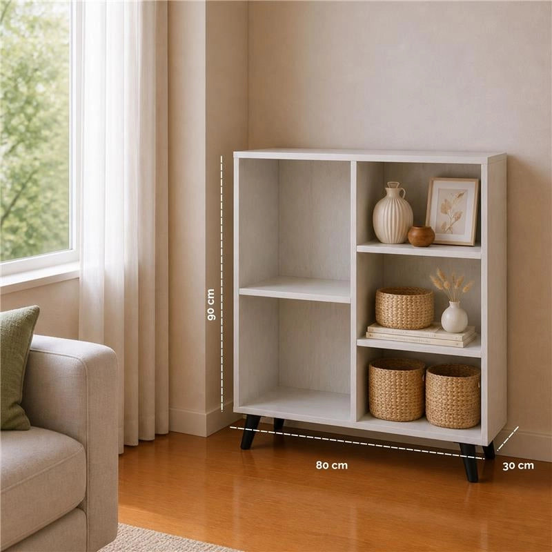 LIBRERIA IN LEGNO BIANCO MODERNA CON 5 RIPIANI SFALSATI DIMENSIONI 80X30X90 CM
