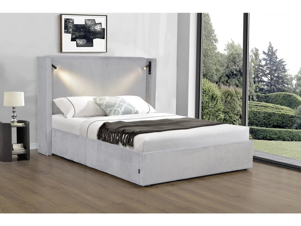 Letto matrimoniale in velluto a coste con cassettiera integrata e lampada "Cortina" - 140 x 190 cm - Grigio