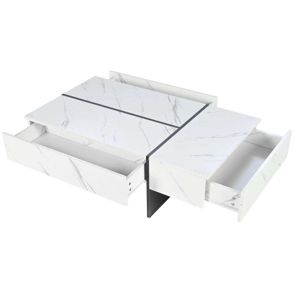 Tavolino da caffè 105x60x35 cm; 3 cassetti con LED controllati da app; pannello truciolare bianco