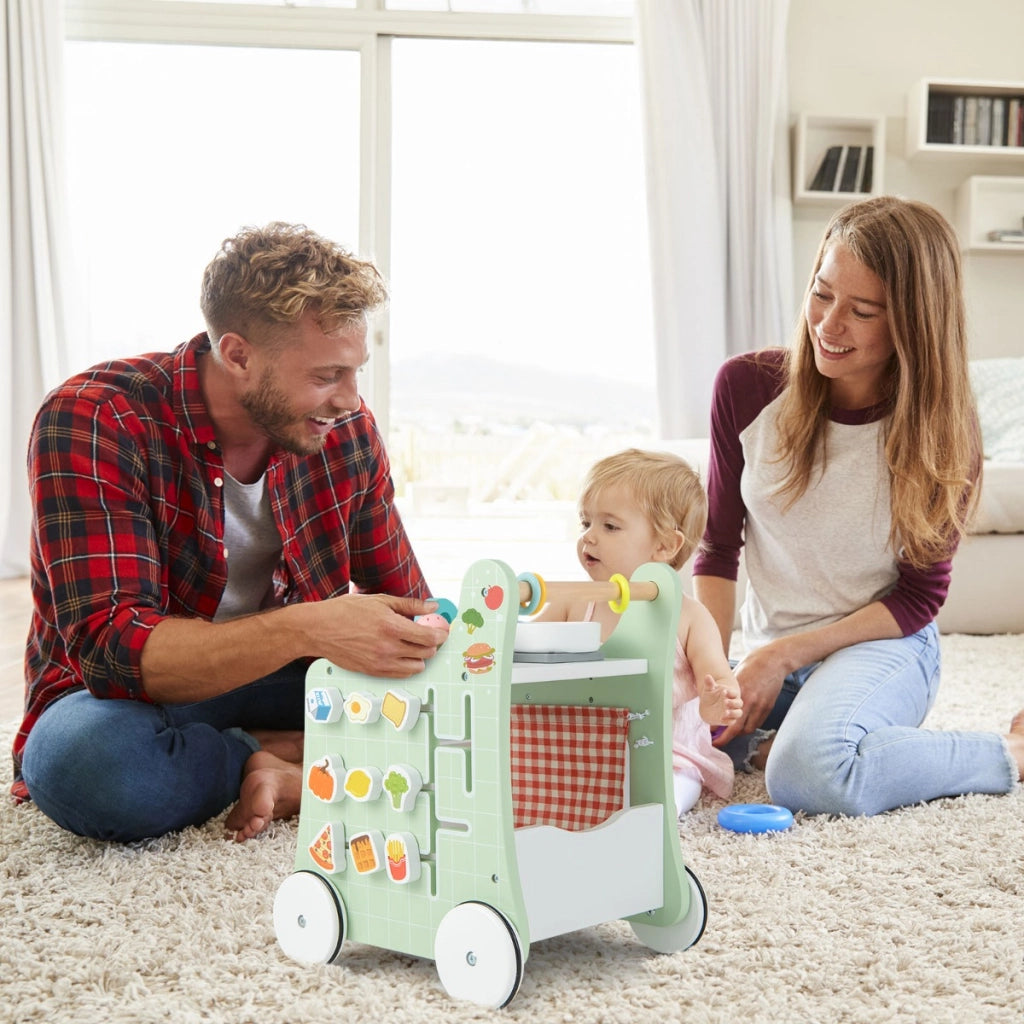 Primi passi per bambini in legno 6 in 1, Carrellino primi passi per spingere e tirare con cucina giocattolo Verde-Primi passi