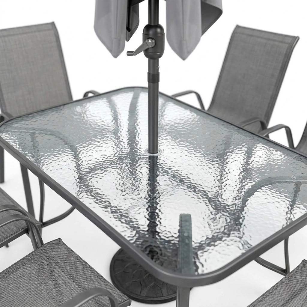 Set Da Esterno Giardino Con Tavolo In Vetro Temperato 6 Sedie E Ombrellone Rettangolare 2 X 3 Metri Per Terrazza Patio Piscina E Pranzi All' Aperto Arredo Outdoor 150 X 90 X 71 Cm Grigio